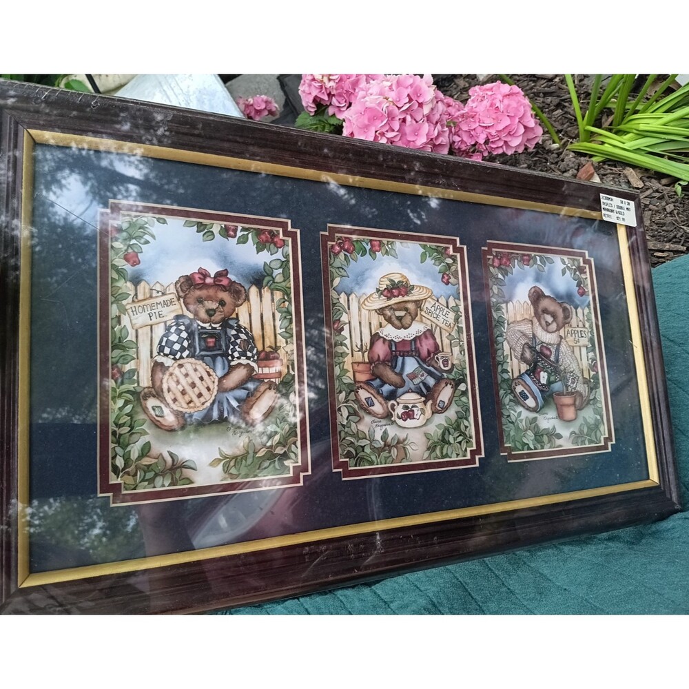 Laurie Korsgaden Blue Jean Teddy Bear Apple Garden Framed Art SEALED Cottagecore